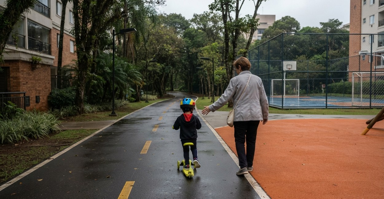 Criança pequena de capacete anda num patinete de três rodas no condomínio, com a avó logo atrás