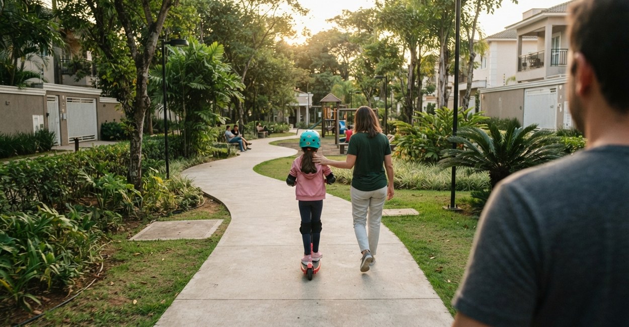 Menina de capacete e joelheiras anda devagar num patinete elétrico infantil ao lado da mãe, numa praça de condomínio