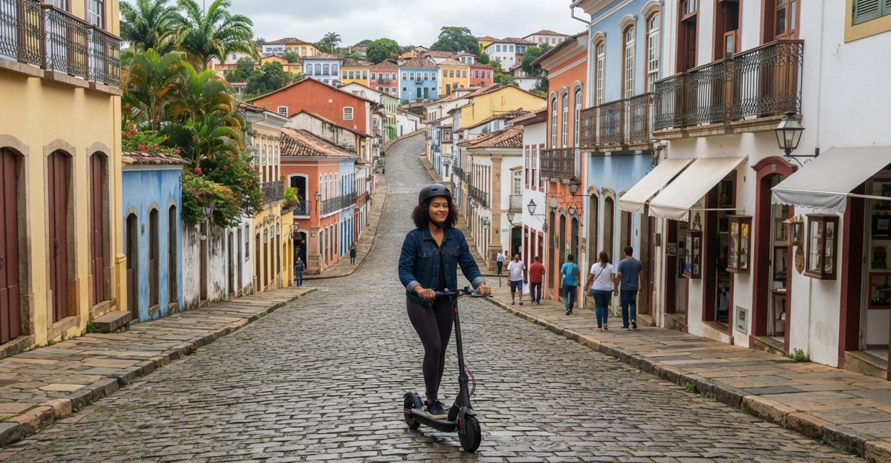 Mulher de capacete anda num patinete elétrico por uma rua de paralelepípedo de cidade histórica, com a ladeira ao fundo