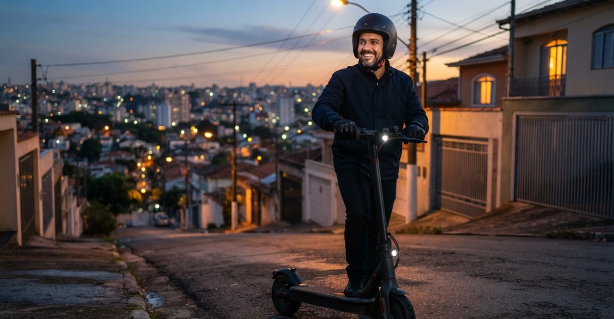 Homem de capacete sorri no alto de uma ladeira de bairro em pé num patinete elétrico, com a cidade iluminada ao fundo
