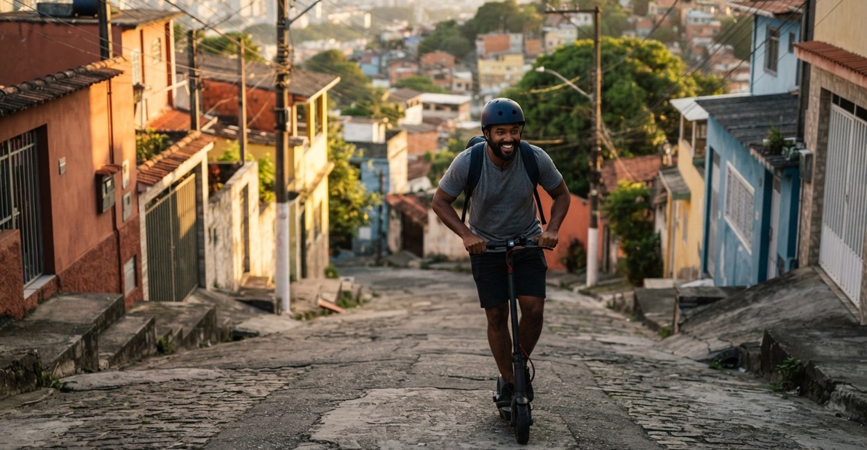 Homem de capacete sobe sorrindo uma ladeira íngreme de bairro em pé num patinete elétrico