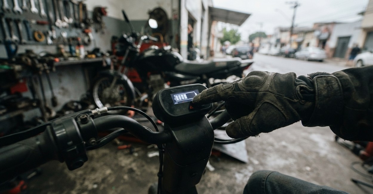 Painel de scooter elétrica mostrando a bateria pela metade