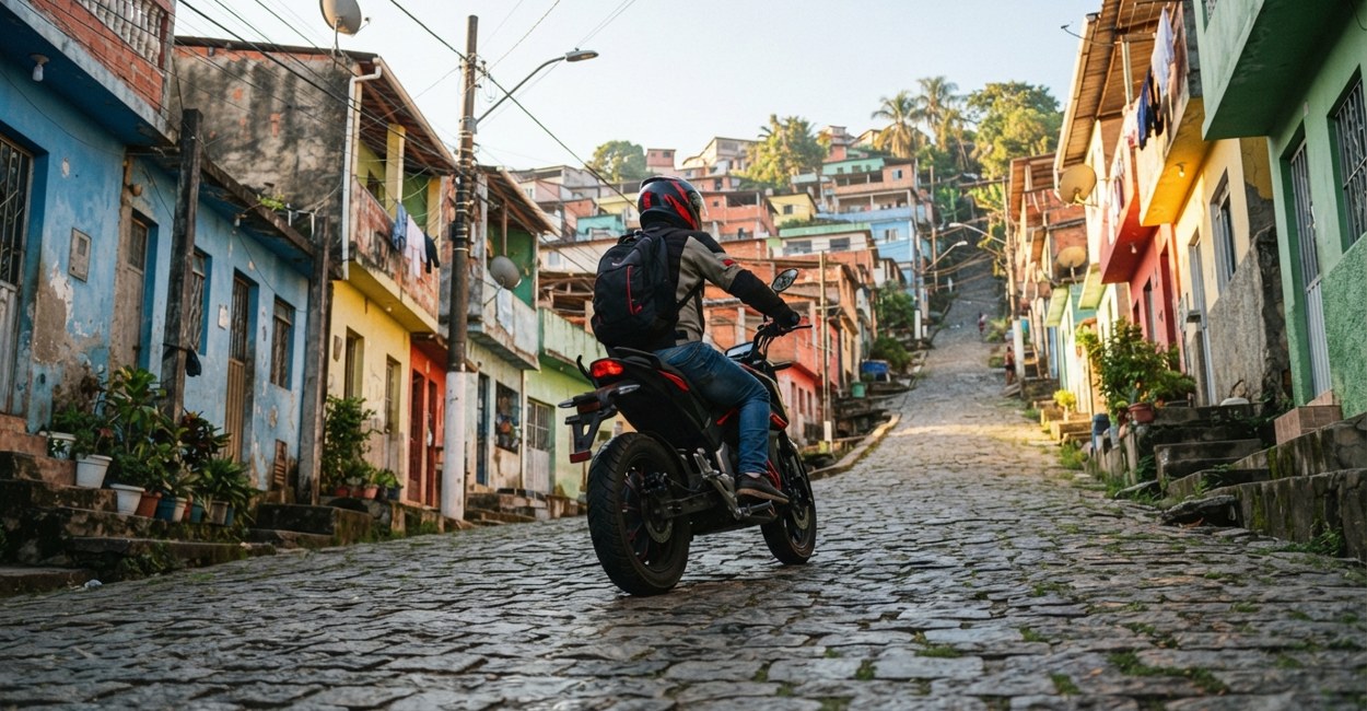 Moto elétrica subindo ladeira de paralelepípedo entre casas coloridas