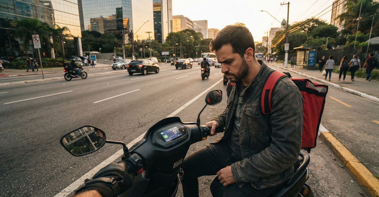 Entregador parado no acostamento olhando o painel da moto elétrica com preocupação