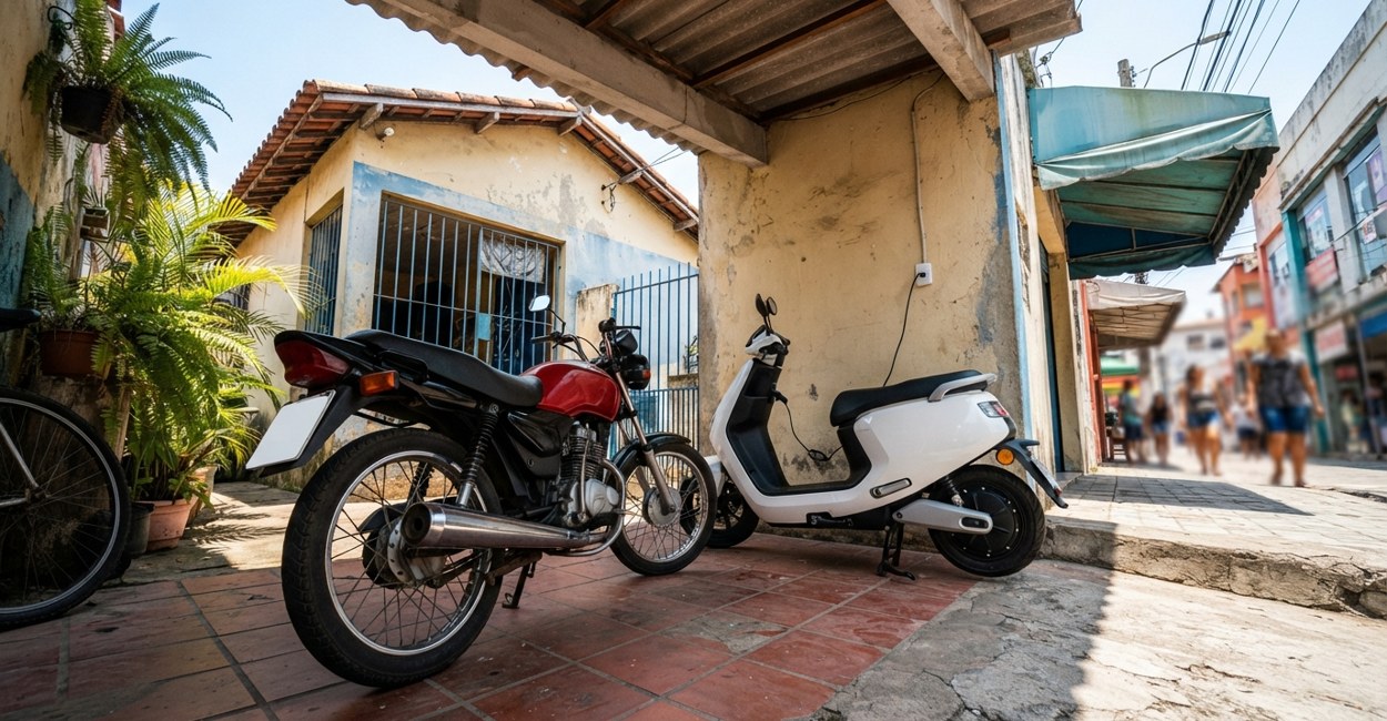 Moto pequena a gasolina estacionada ao lado de uma scooter elétrica ligada na tomada numa garagem residencial
