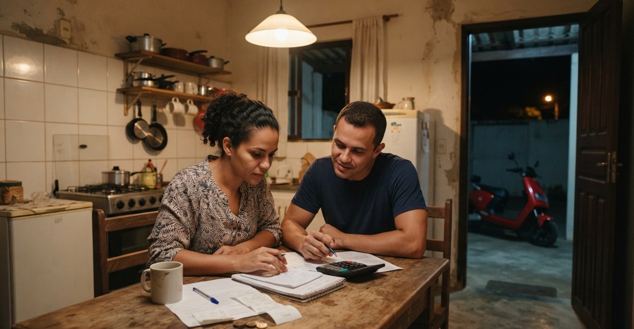 Casal faz contas com calculadora na mesa da cozinha com a scooter elétrica estacionada ao fundo