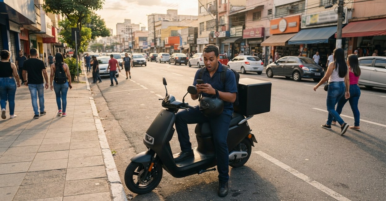 Entregador sentado na scooter elétrica estacionada confere o celular com expressão de surpresa numa rua comercial de São Paulo