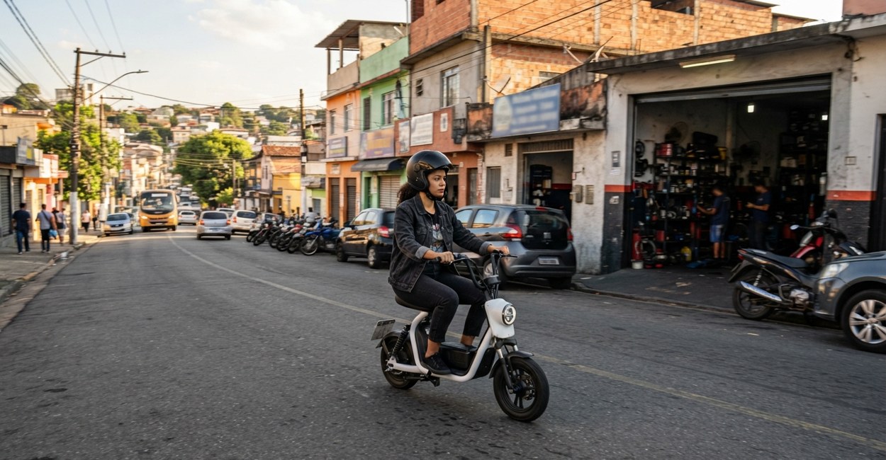 Mulher de capacete pilota scooter elétrica pela faixa da direita de uma avenida de bairro