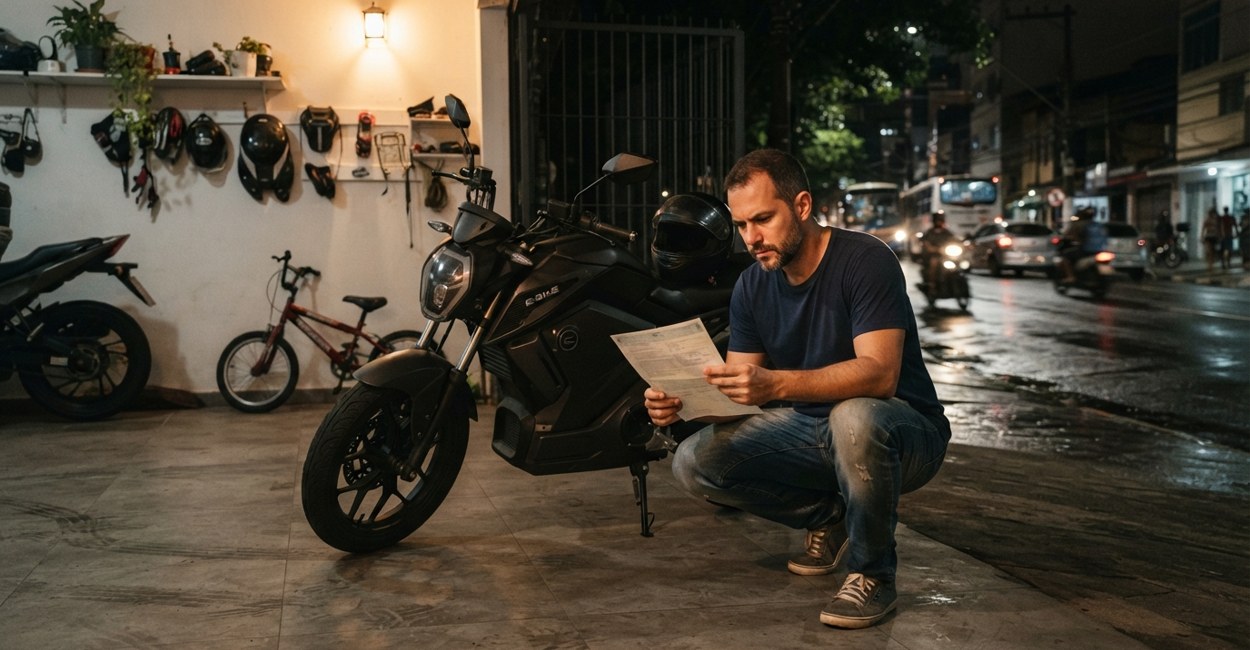 Homem confere documento e ficha técnica ao lado de moto elétrica na garagem à noite