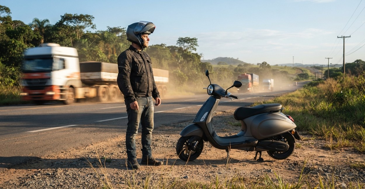 Homem de capacete parado com scooter elétrica no acostamento de rodovia olha os caminhões passarem