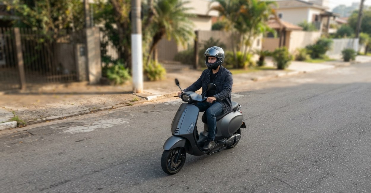 Rapaz de capacete faz test drive de uma moto elétrica usada numa rua tranquila de bairro