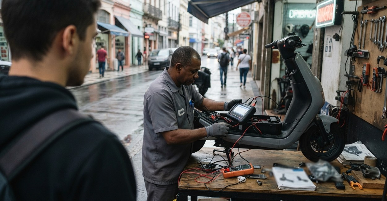 Mecânico conecta aparelho de diagnóstico à bateria de uma moto elétrica usada enquanto o cliente observa