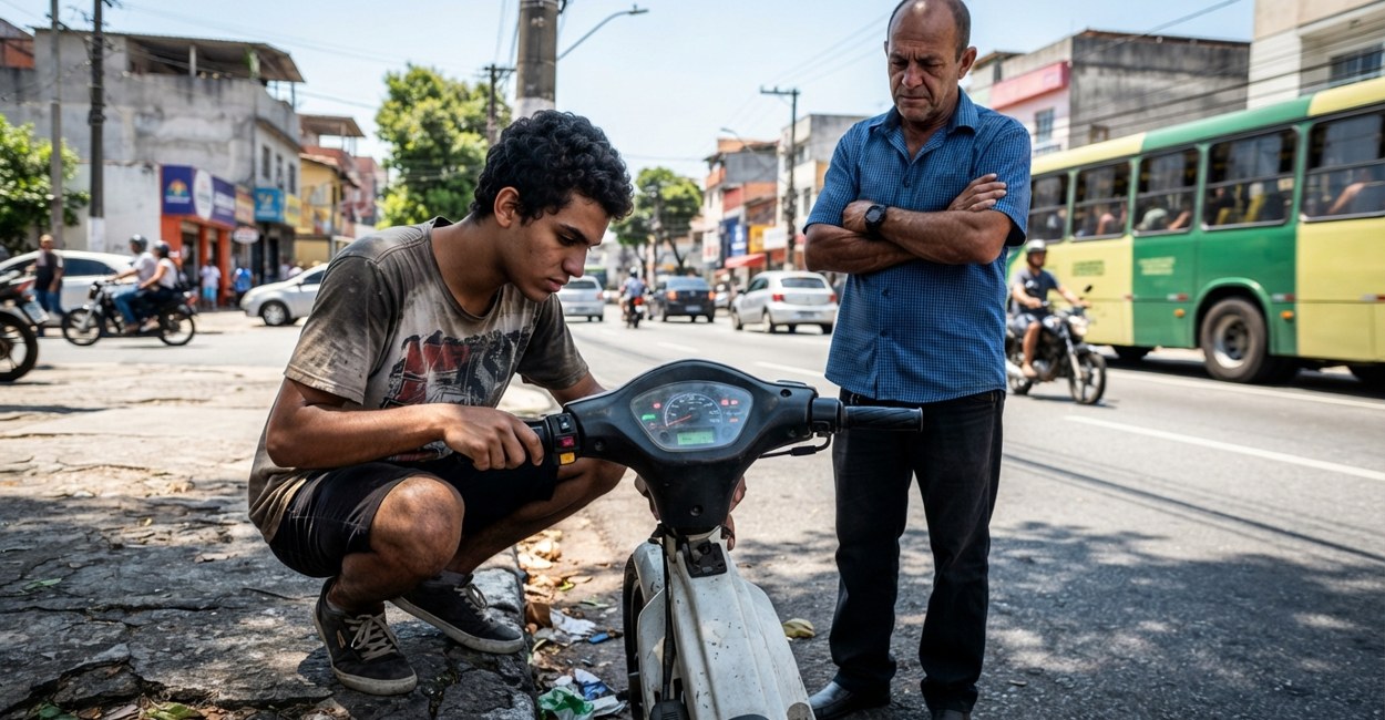 Rapaz agachado confere o painel de uma moto elétrica usada na calçada enquanto o vendedor espera