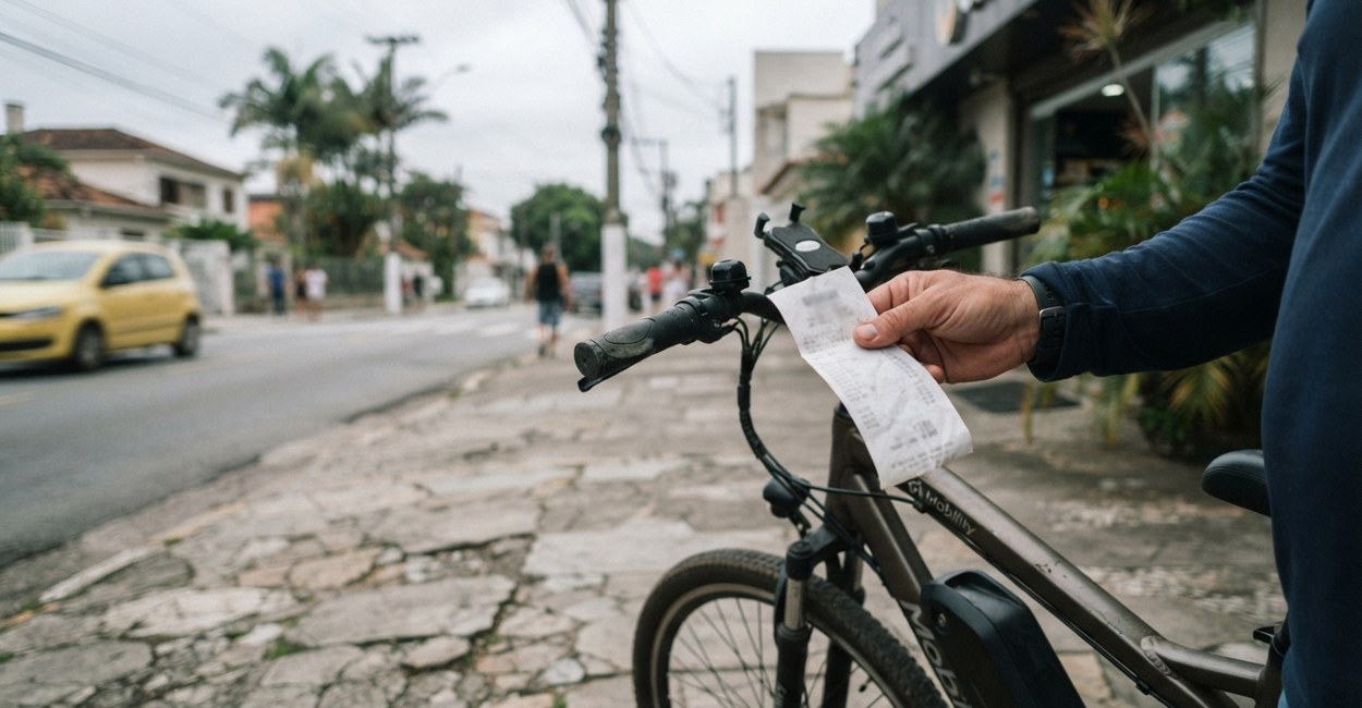 Nota fiscal do equipamento ao lado do guidao de uma bicicleta eletrica