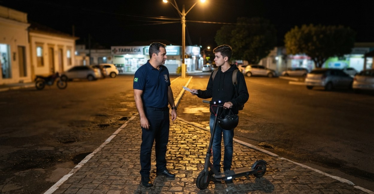 Fiscal de posturas conversa com condutor de patinete eletrico em rua de cidade pequena