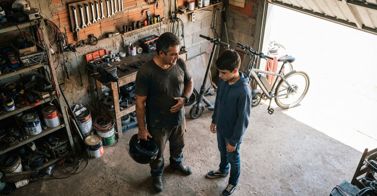 Pai e filho adolescente conversam na garagem ao lado de um patinete elétrico e de uma bike elétrica