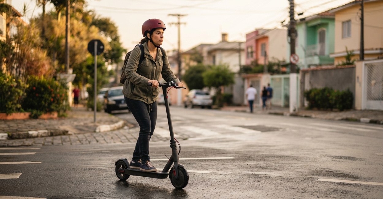 Mulher de capacete reduz a velocidade do patinete elétrico ao chegar a uma esquina de bairro