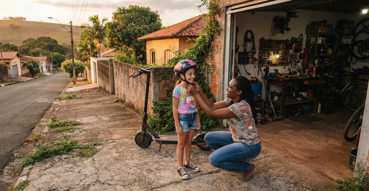 Mãe ajusta o capacete da filha pré-adolescente ao lado de um patinete elétrico numa calçada de bairro no Paraná