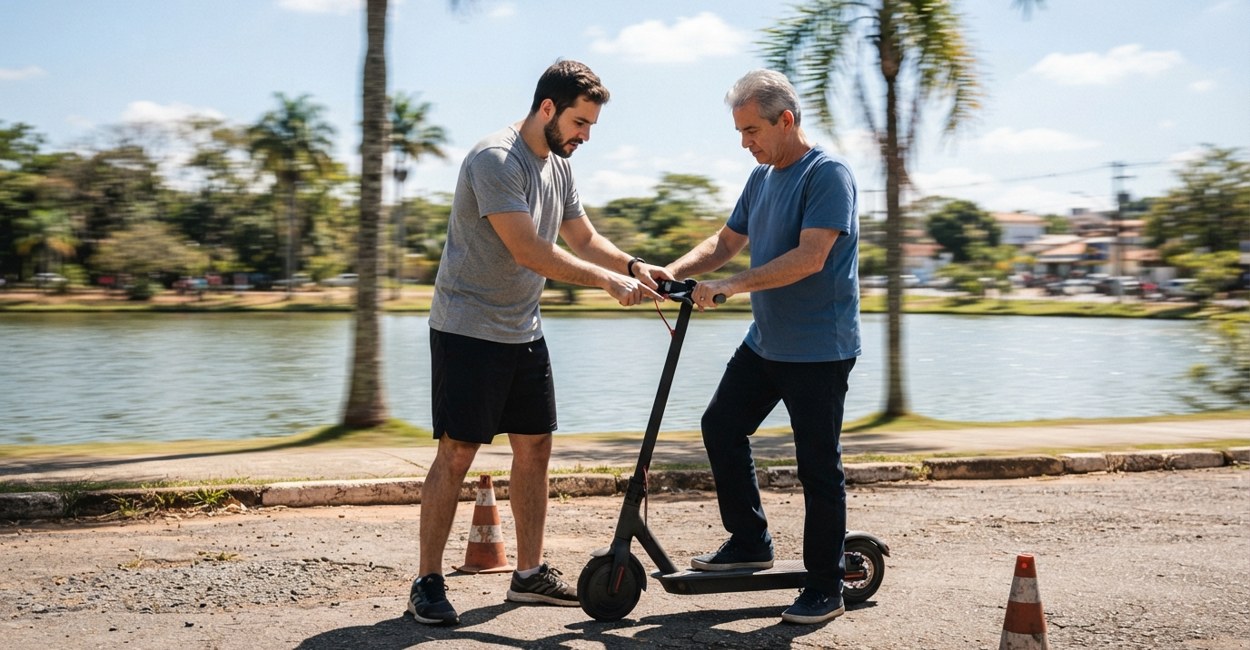 Instrutor mostra a senhor como usar o freio do patinete elétrico à beira de lagoa