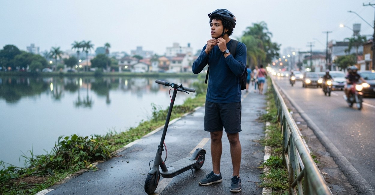 Jovem afivela o capacete ao lado de patinete elétrico em ciclovia à beira de lagoa