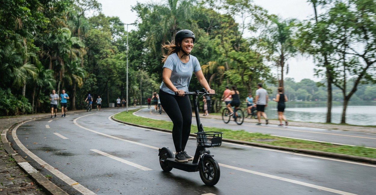 Moça de capacete conduz patinete elétrico em avenida de lazer à beira de lagoa arborizada