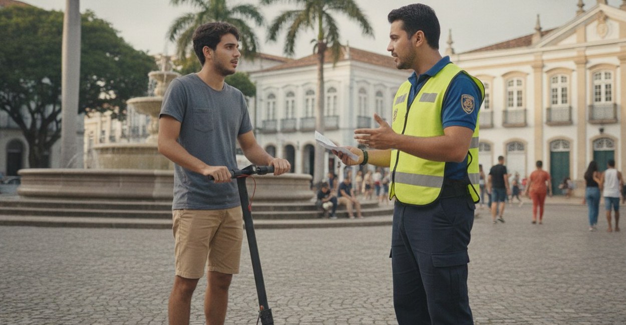 Agente de trânsito de colete conversa com um jovem numa praça