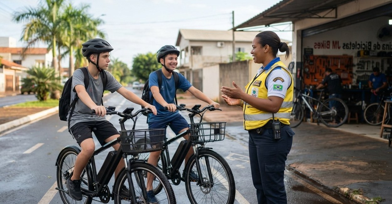 Agente de trânsito orienta dois adolescentes de capacete em bicicletas elétricas