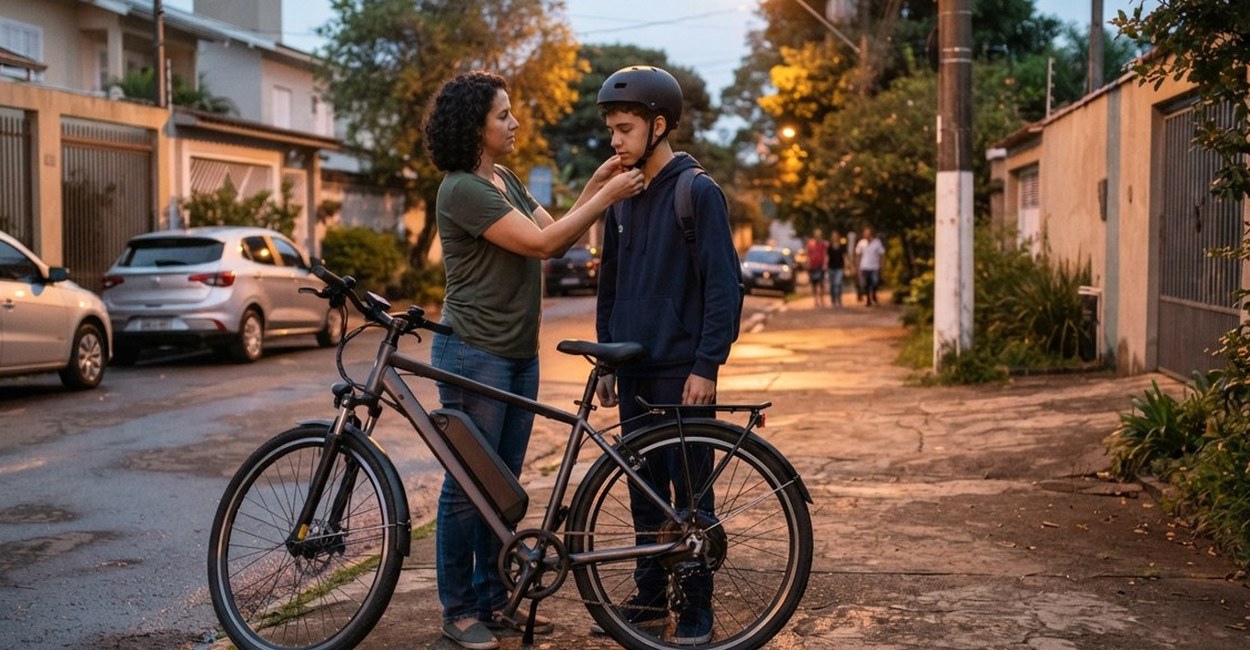 Mãe ajusta o capacete do filho adolescente ao lado da bicicleta elétrica no fim de tarde