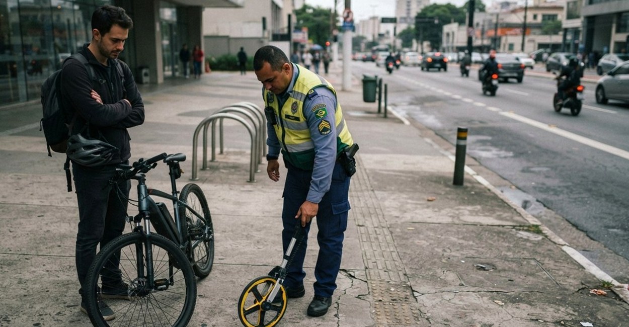 Agente de trânsito mede uma bike elétrica na calçada