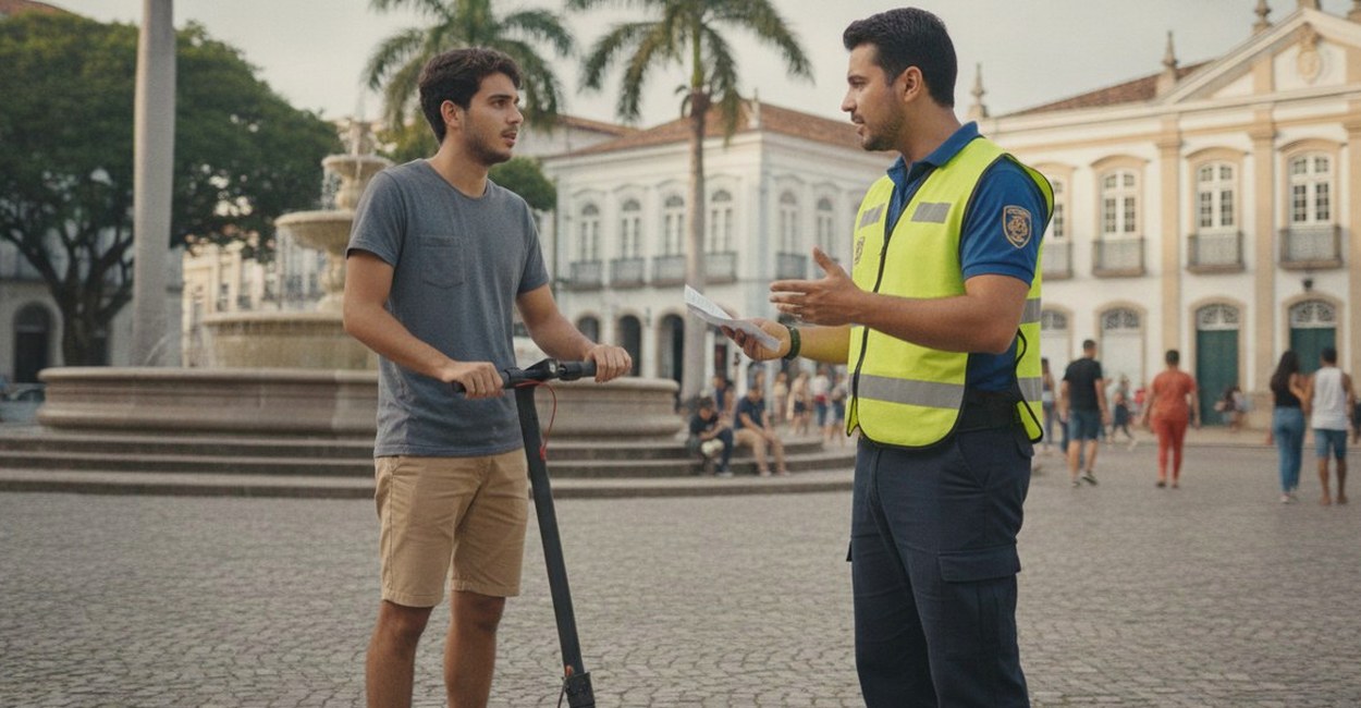 Agente de trânsito conversa com jovem ao lado de um patinete elétrico na praça