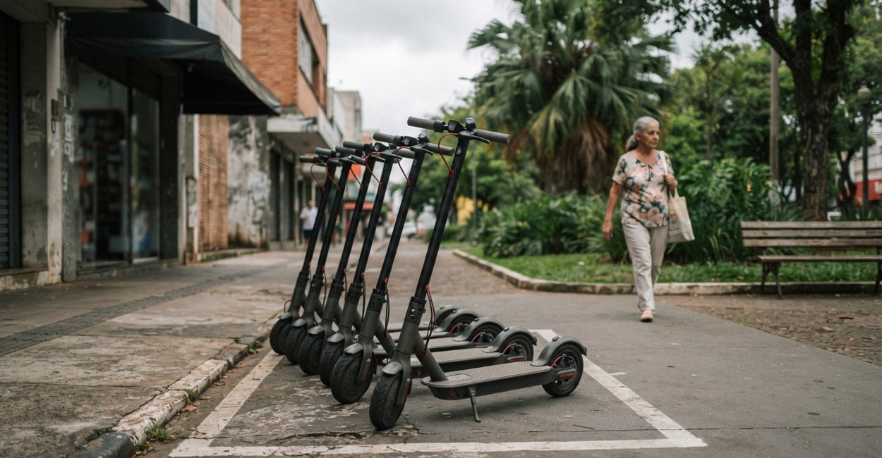 Patinetes elétricos compartilhados estacionados em fila numa faixa pintada ao lado de uma praça, com uma senhora caminhando na calçada livre