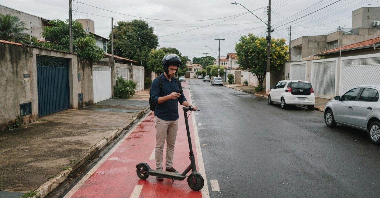 Homem de capacete para ao lado de um patinete elétrico numa ciclofaixa vermelha e confere o celular, pensativo