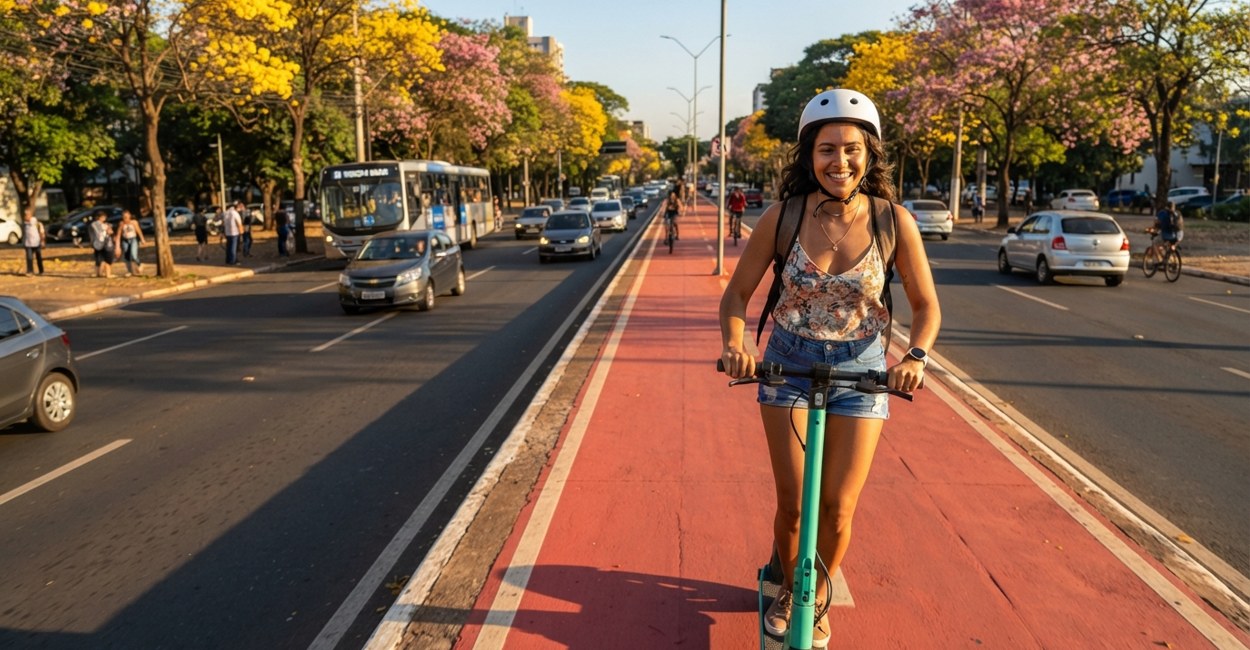 Jovem de capacete sorri conduzindo um patinete elétrico compartilhado numa ciclovia vermelha de avenida arborizada com ipês