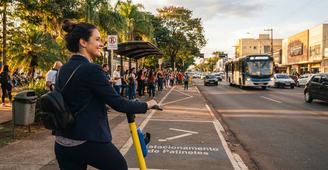 Mulher com roupa de trabalho estaciona patinete compartilhado num ponto de avenida arborizada pela manhã