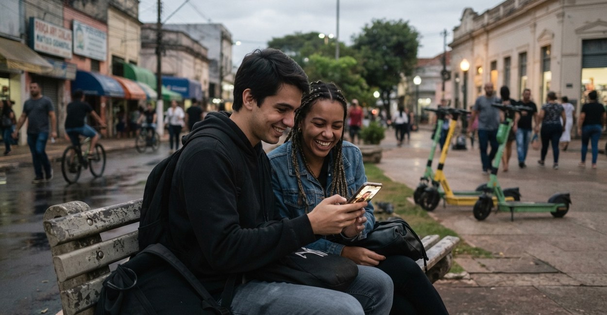 Dois amigos sentados num banco de praça olham o celular com patinetes compartilhados estacionados ao fundo