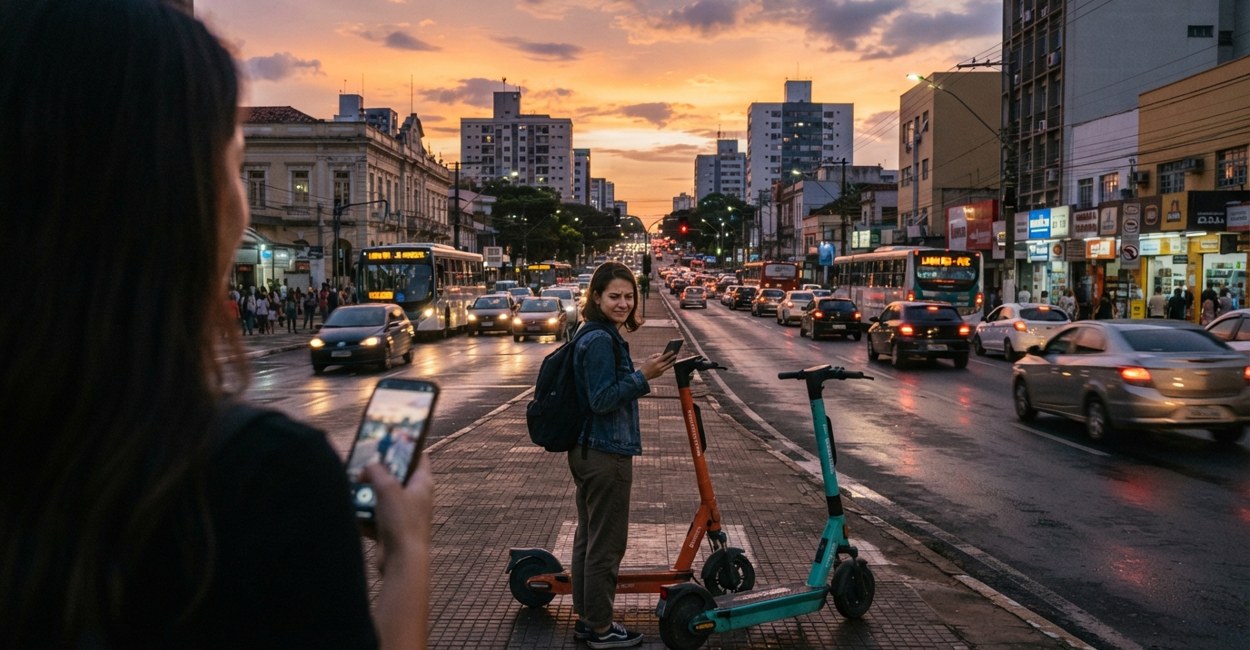 Jovem de mochila compara dois patinetes compartilhados de cores diferentes na Avenida Afonso Pena ao entardecer