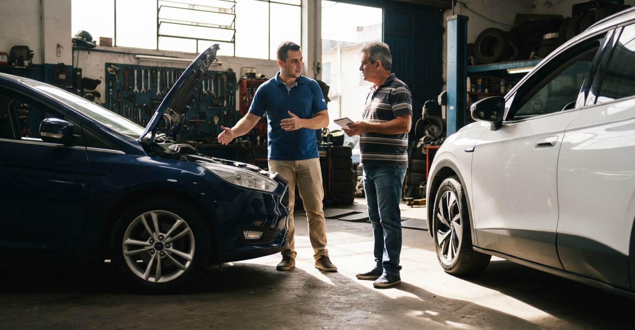 Vendedor explica a um cliente a diferença entre um carro híbrido e um elétrico no salão de uma concessionária