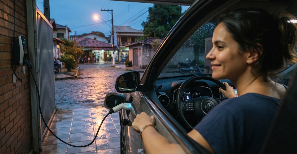 Mulher sentada ao volante de um carro elétrico recarregando na garagem de casa sorri tranquila