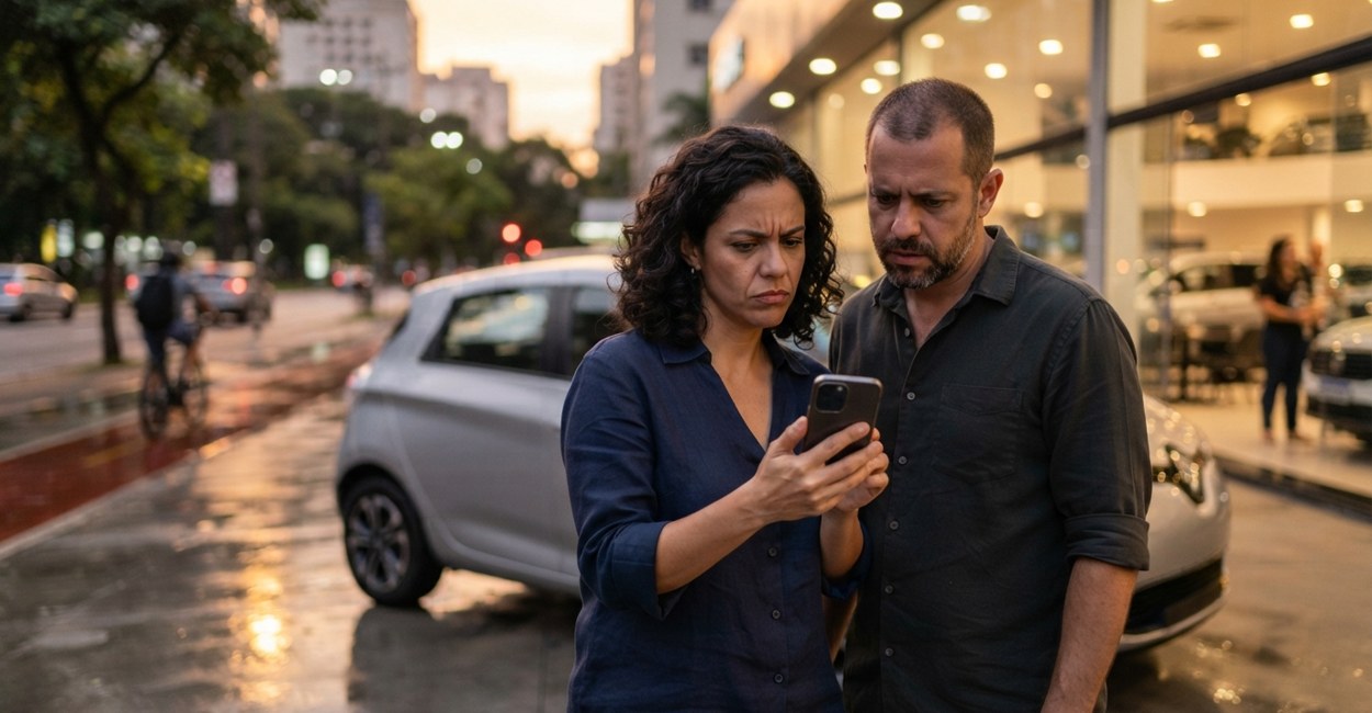 Casal ao lado de um carro elétrico compacto no pátio de uma concessionária olha o celular ao entardecer