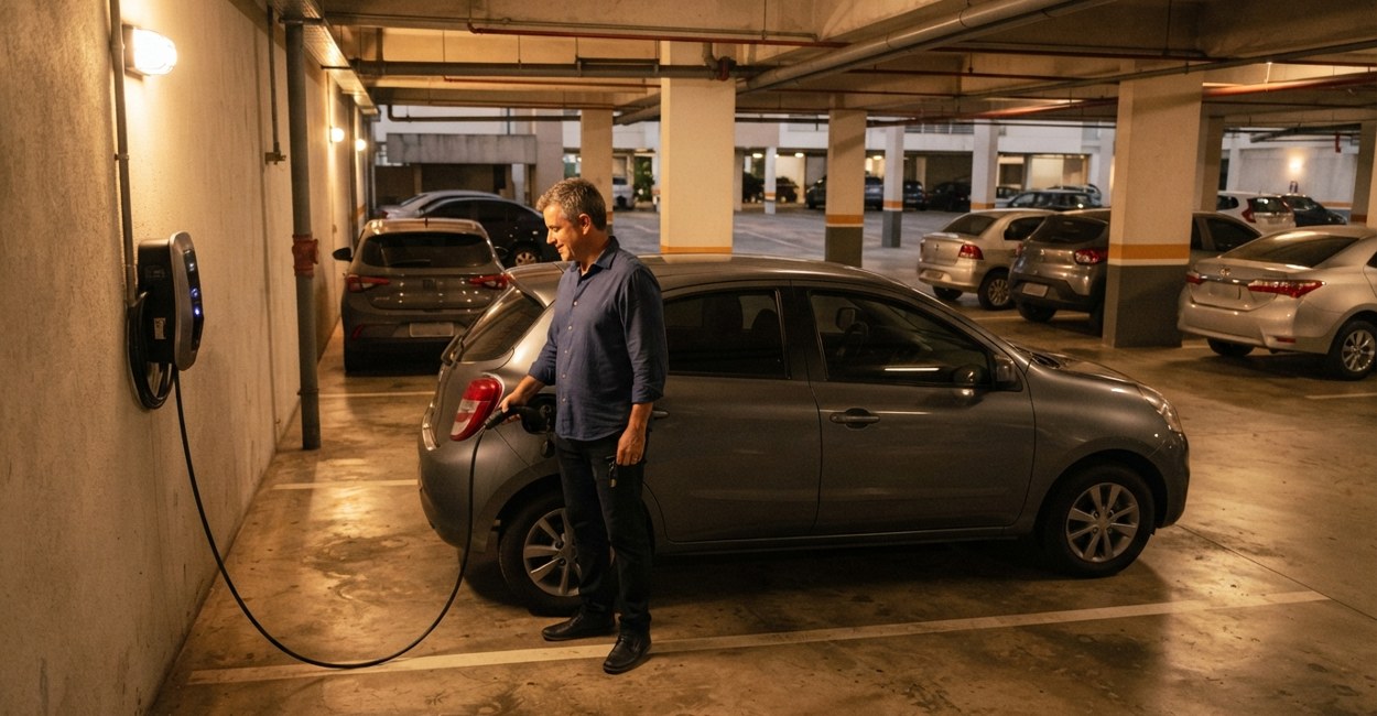 Homem conecta o cabo de recarga em um carro compacto na garagem de um prédio residencial à noite