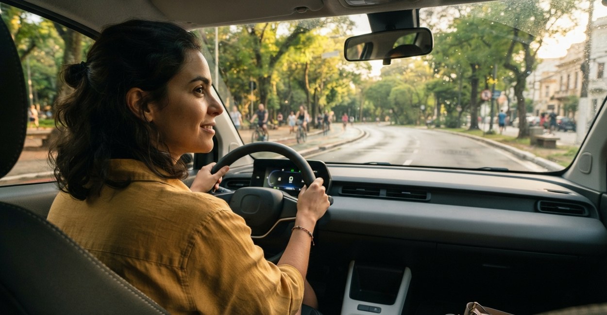 Mulher sentada ao volante de um carro elétrico compacto durante um test drive, observando o painel com curiosidade