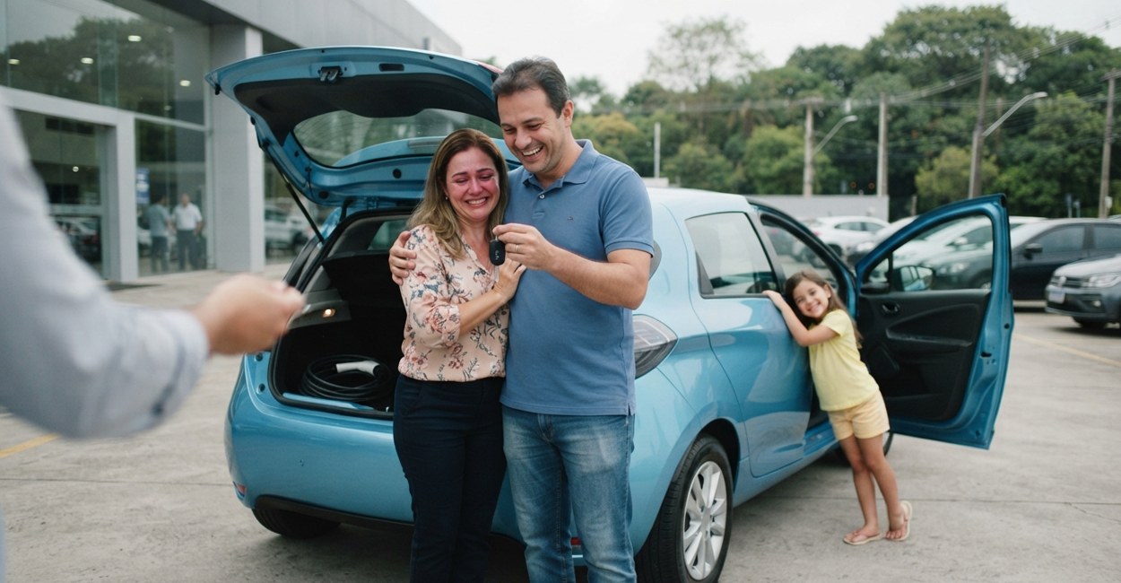 Casal recebe a chave de um hatch elétrico compacto azul-claro no pátio de uma concessionária, com a filha encostada na porta