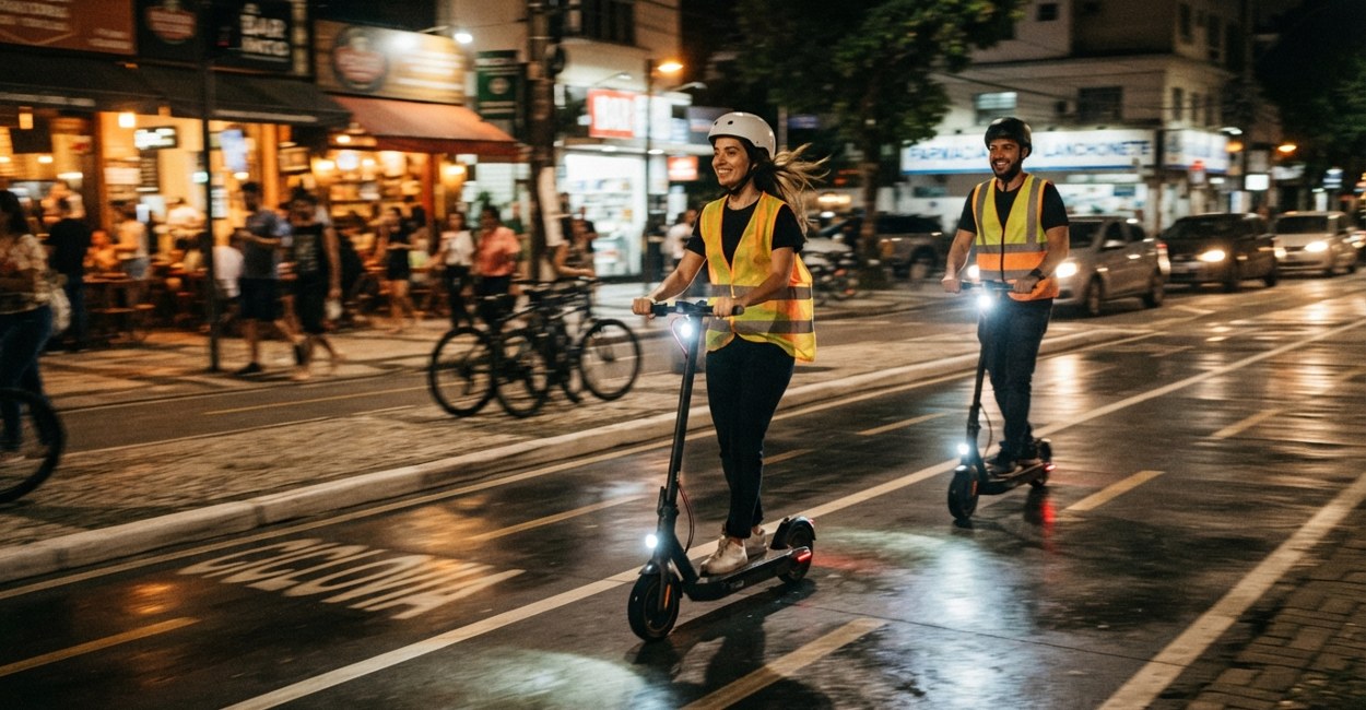 Duas pessoas de patinete elétrico com colete refletivo e luzes acesas numa ciclovia à noite
