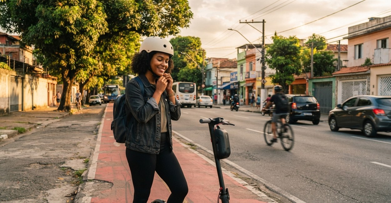 Jovem ajusta a fivela do capacete ao lado do patinete elétrico numa ciclofaixa