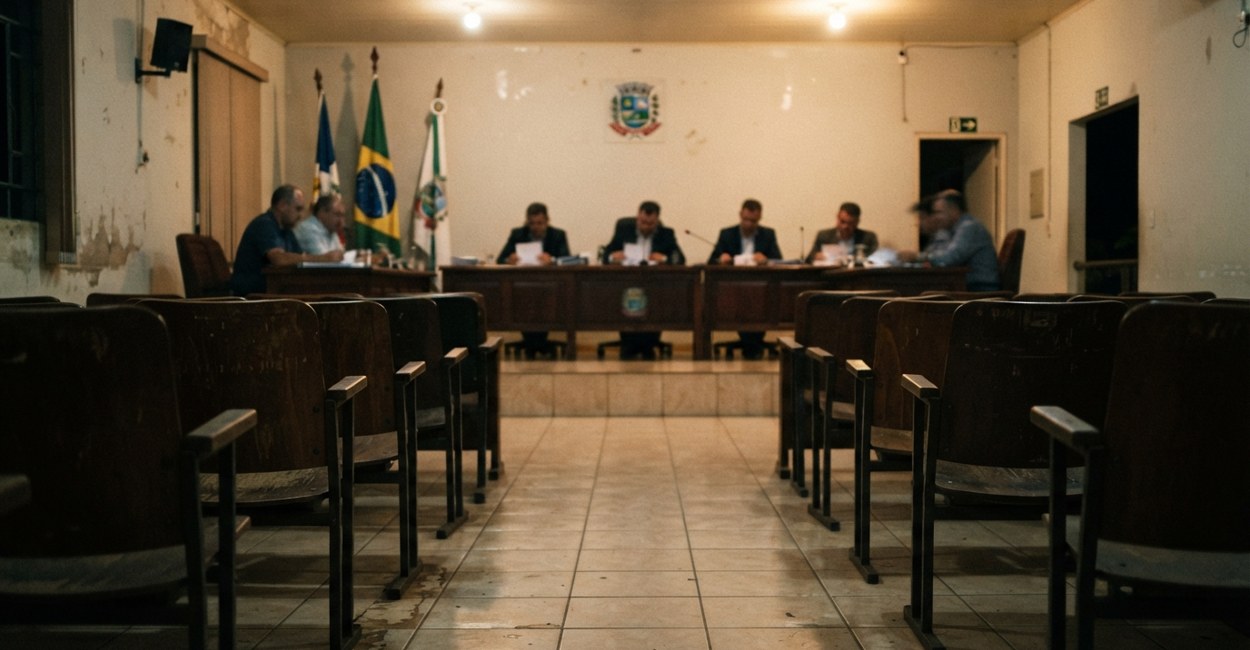 Plenário de câmara municipal do interior visto do fundo da sala