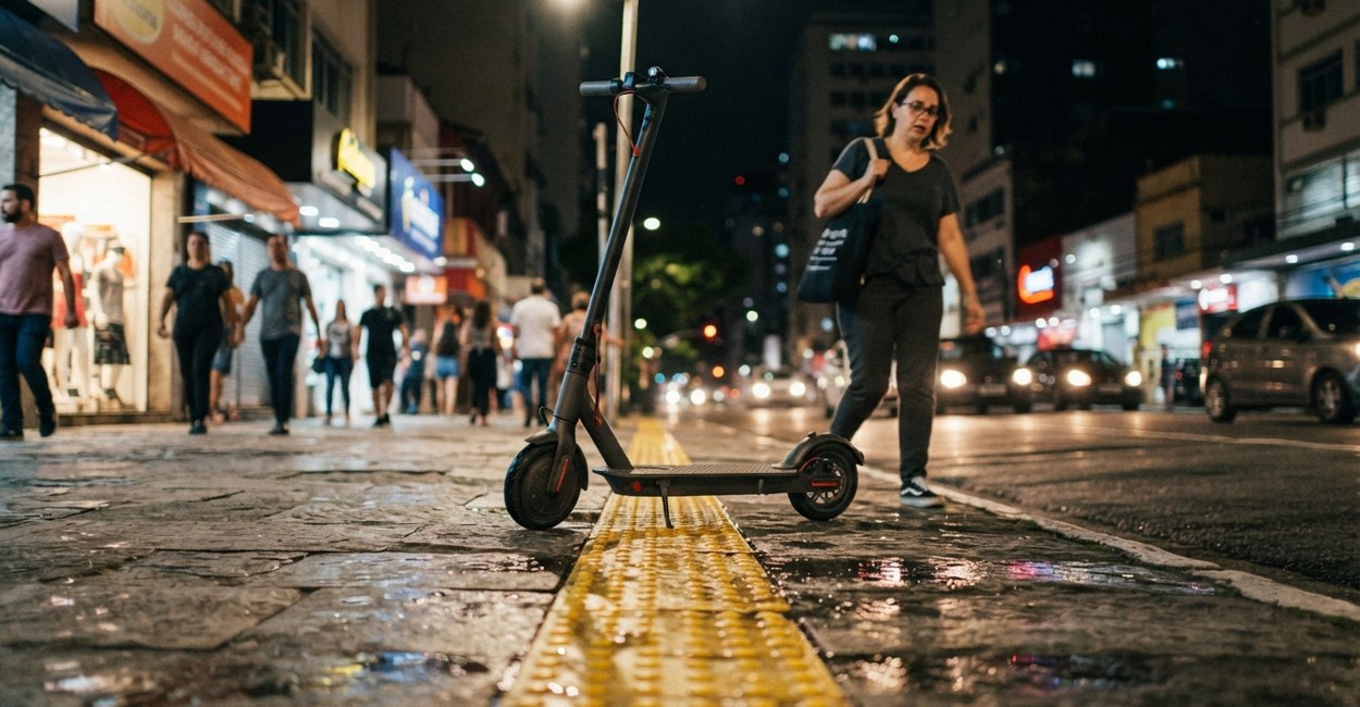 Patinete compartilhado parado sobre piso tátil enquanto pedestre desvia