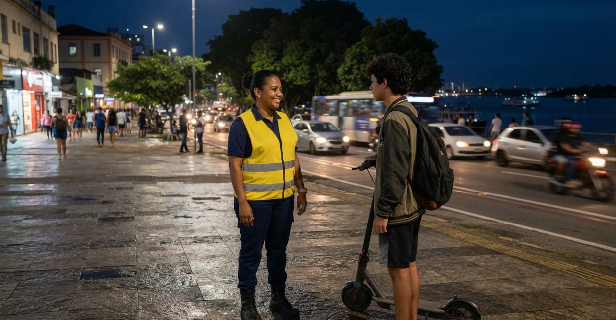 Agente de trânsito de colete conversa com um adolescente que segura um patinete elétrico parado numa praça à beira do rio ao anoitecer