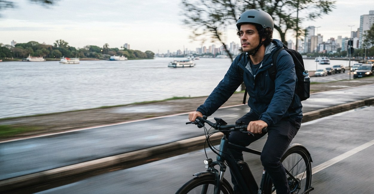Homem de capacete conduz uma bicicleta elétrica pela avenida à beira do rio no começo da manhã, com barcos ao fundo