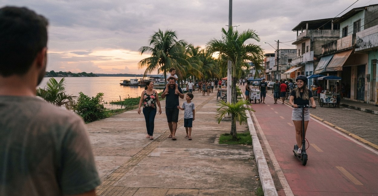 Família caminha no calçadão à beira do rio enquanto uma jovem de capacete conduz um patinete elétrico na ciclovia ao lado, ao entardecer