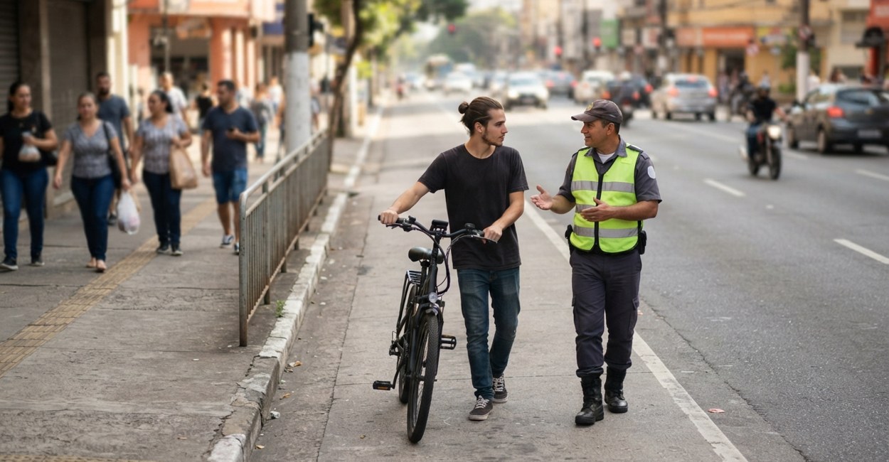 Agente de trânsito de colete orienta rapaz que empurra bicicleta numa avenida movimentada